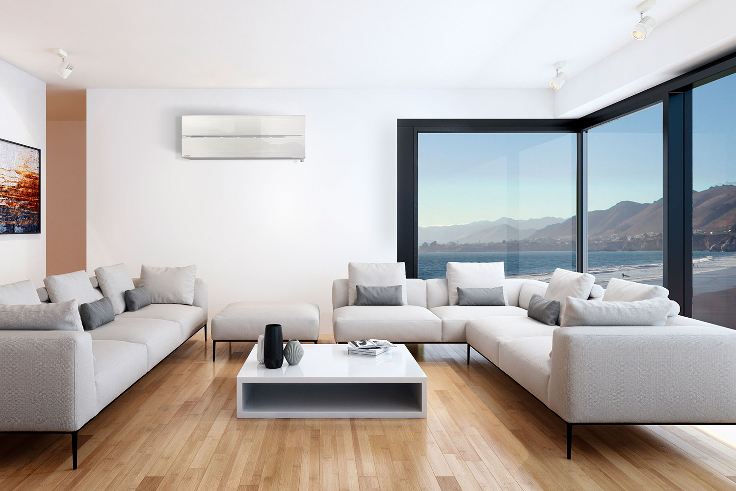 Mitsubishi high wall heatpump in living room of modern house